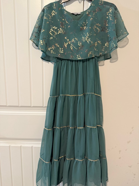 Other - Girls' Teal Floral Cape Sleeve Tiered Indian Dress
